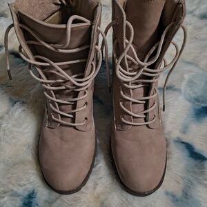 Taupe Lace-Up Combat Heeled Boots - Women's Fashion